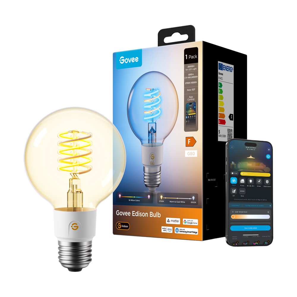 GOVEE GV-BULB-R14C1-EDISON-E27-G80 - Bombilla inteligente Edison G80 E27 Govee - Wi-Fi 2.4 GHz + Bluetooth - Color segmentado + Blanco cálido/frío - Intensidad 500 lúmenes - Matter / Homekit / Alexa / Google Home - Para interior - imagen 1