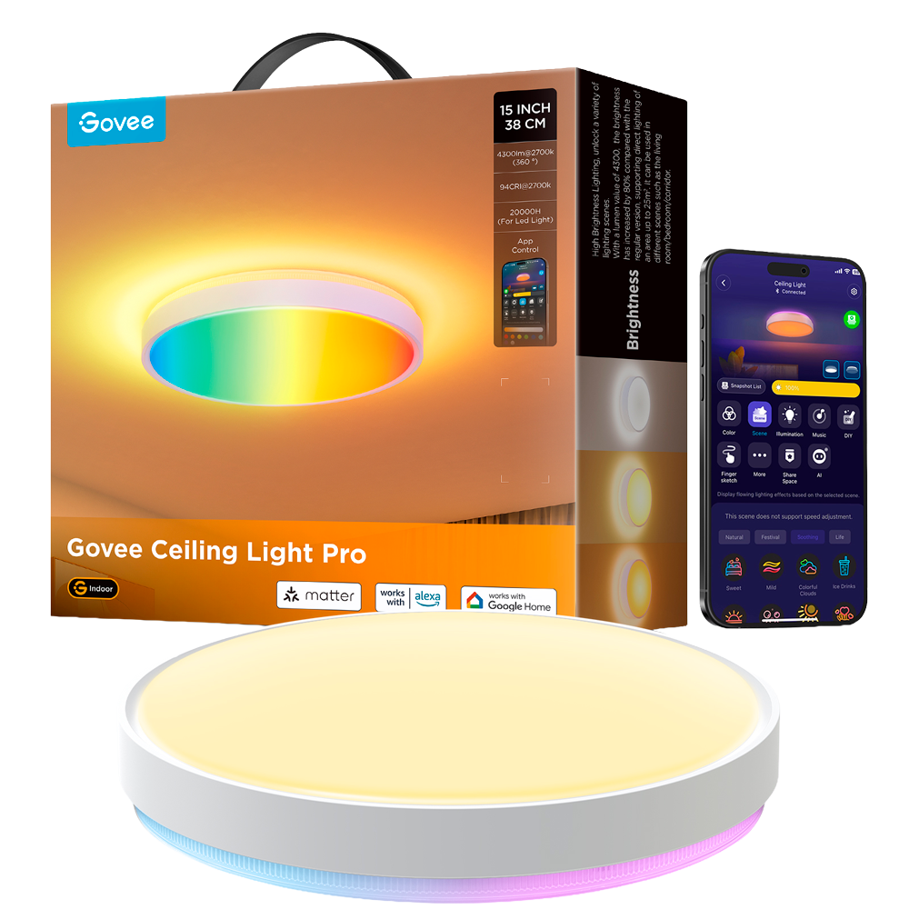 GOVEE GV-CEILING-H60A6-15IN-ROUND - Plafón Govee redondo 38cm doble LED - Wi-Fi 2.4 GHz + Bluetooth - Color segmentado + Blanco cálido/frío - Intensidad 4300 lúmenes - Matter / Homekit / Alexa / Google Home - Para interior - imagen 1