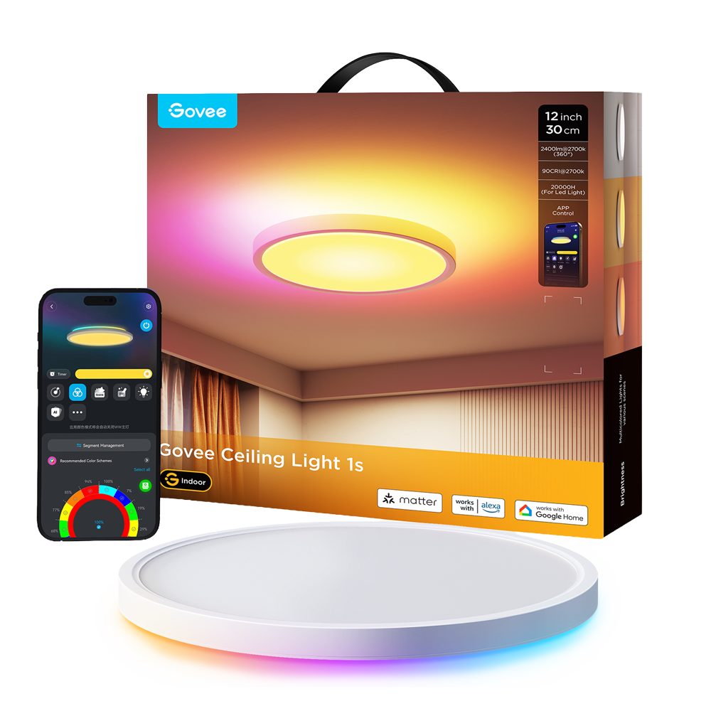 GOVEE GV-CEILING-H80A1-12IN-ROUND - Plafón Govee redondo doble LED - Wi-Fi 2.4 GHz + Bluetooth - Color segmentado + Blanco cálido/frío - Intensidad 2400 lúmenes - Matter / Homekit / Alexa / Google Home - Para interior / 30 cm diámetro - imagen 1