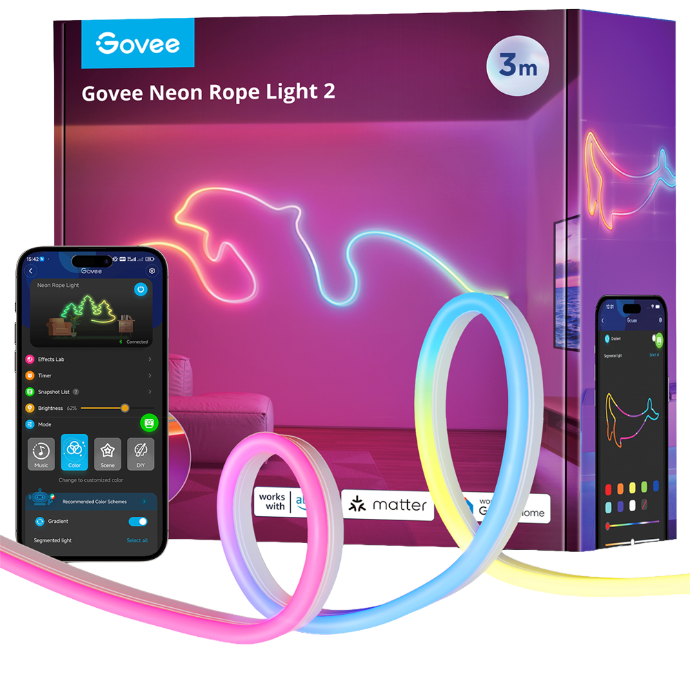 GOVEE GV-NEON-H61D3-3M-WHITE - Govee Tira NEON inteligente 3m - Wi-Fi 2.4 GHz + Bluetooth - Color RGB segmentado - 173 lúmenes/m / 84 LEDs/m - Matter / Homekit / Alexa / Google Home - Para interior trasera blanca - imagen 1