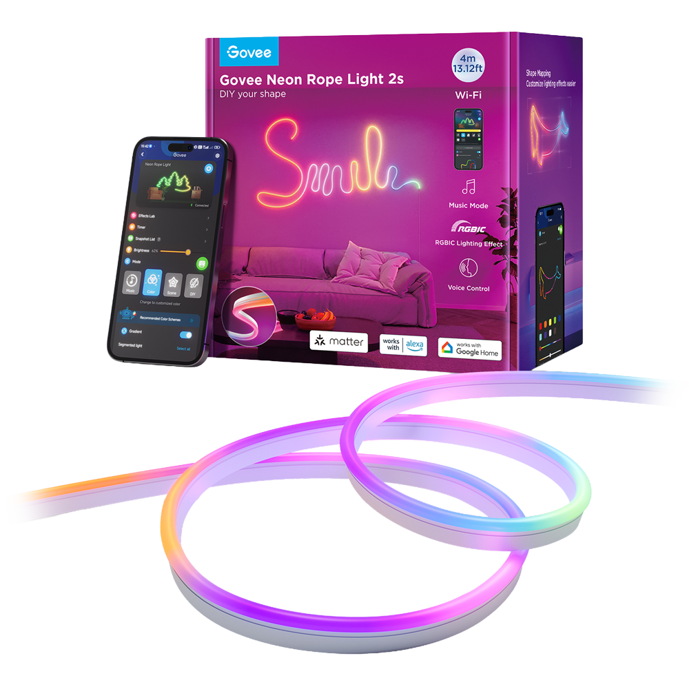 GOVEE GV-NEON-H61D4-4M-WHITE - Govee Tira NEON inteligente 4m - Wi-Fi 2.4 GHz + Bluetooth - Color RGB segmentado - 84 LEDs/m - Matter / Homekit / Alexa / Google Home - Para interior trasera blanca - imagen 1