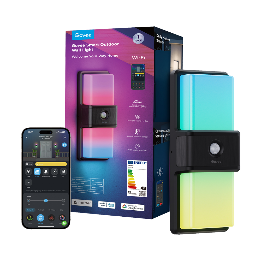 GOVEE GV-OUT-H7078-WALL-IP65 - Luz exterior de pared - Wi-Fi 2.4 GHz + Bluetooth - Color segmentado + Blanco cálido/frío - Intensidad 1500 lúmenes - Matter / Homekit / Alexa / Google Home - Para exterior / IP65 - imagen 1