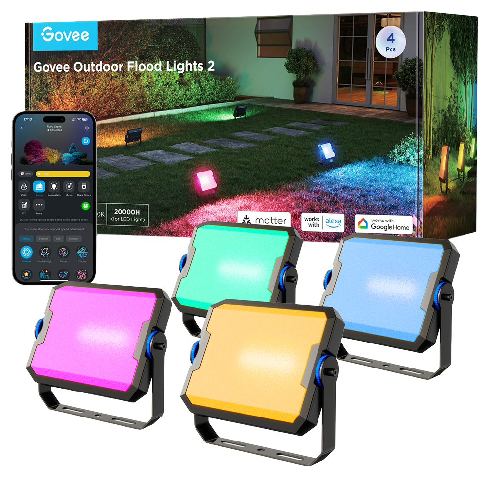 GOVEE GV-OUT-H8057-FLOOD-4PK - Govee pack 4 reflectores LED - Wi-Fi 2.4 GHz + Bluetooth - Color segmentado + Blanco cálido/frío - Intensidad 1000 lúmenes - Matter / Homekit / Alexa / Google Home - Para exterior / IP66 - imagen 1