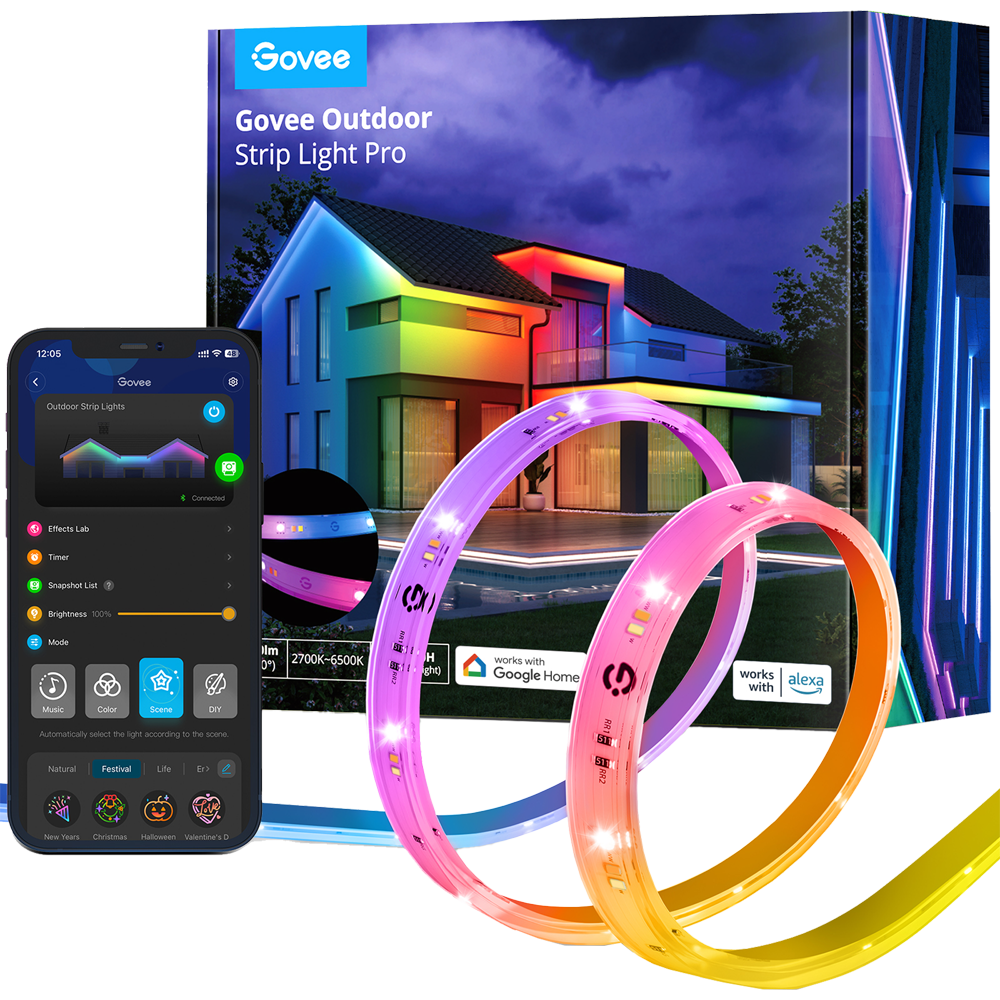 GOVEE GV-OUT-STRIP-H70A1-LIGHT-PRO-10M - Govee Tira LED Phantasy inteligente 10m - Wi-Fi 2.4 GHz + Bluetooth - Color RGBWW segmentado - 200 lúmenes/m - Matter / Homekit / Alexa / Google Home - Para exterior IP65 - imagen 1