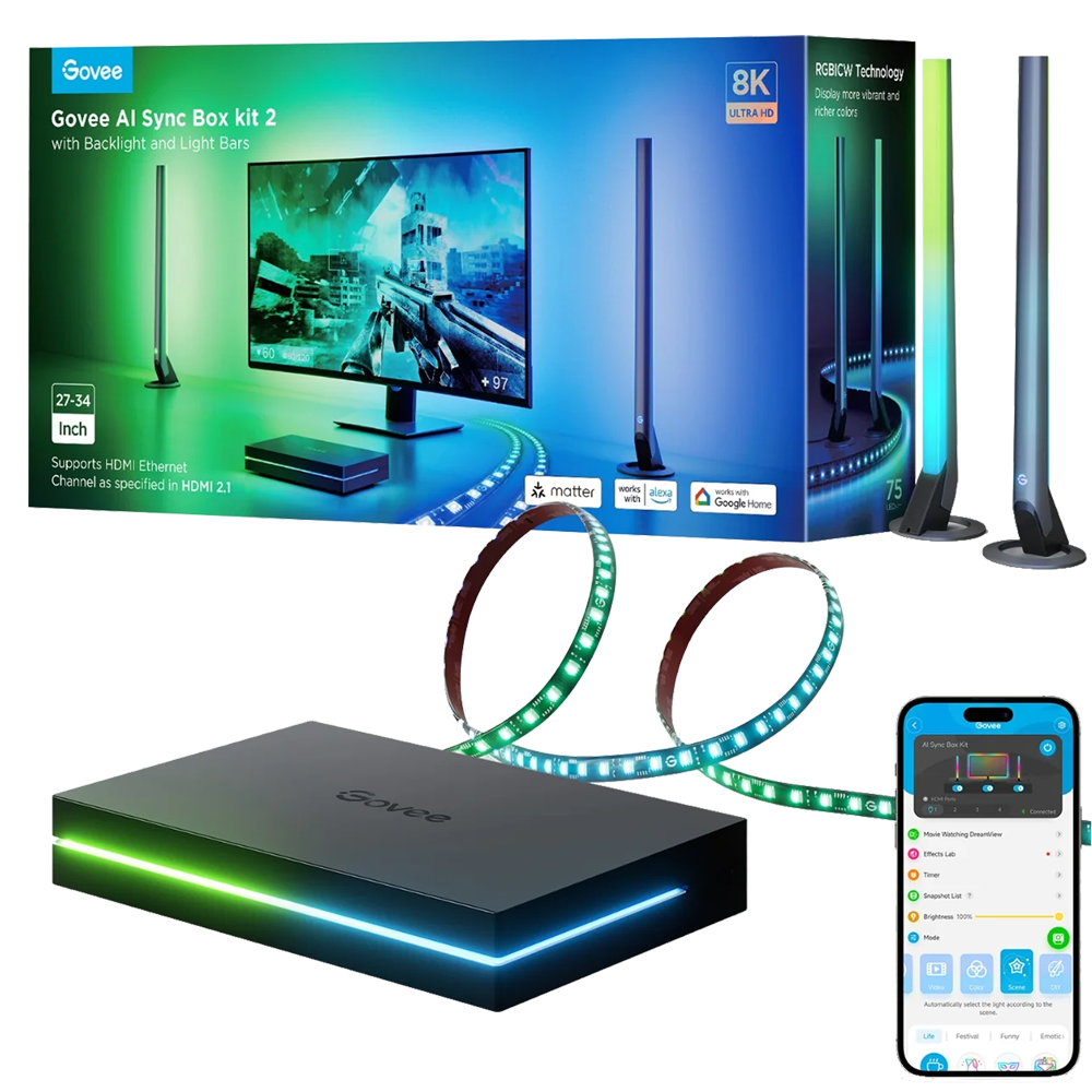 GOVEE GV-SYNC-H6603-AI-BOX2-KIT-27 - Retroiluminación de TV AI Sync Box 2 – Ultra Precisa - 2.4GHz / Bluetooth / HDMI 2.1 eARC - ColorSense 3.0 / Envisual / DreamView - RGBIC+ / 450–550 lumens / AI Gaming Mode - App Govee / Alexa / Google Home - Para inte - imagen 1