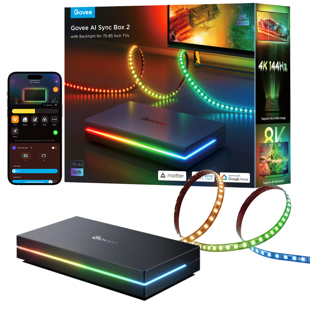 GOVEE GV-SYNC-H6604-AI-BOX2-75 - Retroiluminación de TV AI Sync Box 2 – Ultra Precisa - 2.4GHz / Bluetooth / HDMI 2.1 eARC - ColorSense 3.0 / Envisual / DreamView - RGBIC+ / 450–550 lumens / AI Gaming Mode - App Govee / Alexa / Google Home - Para interior - imagen 1