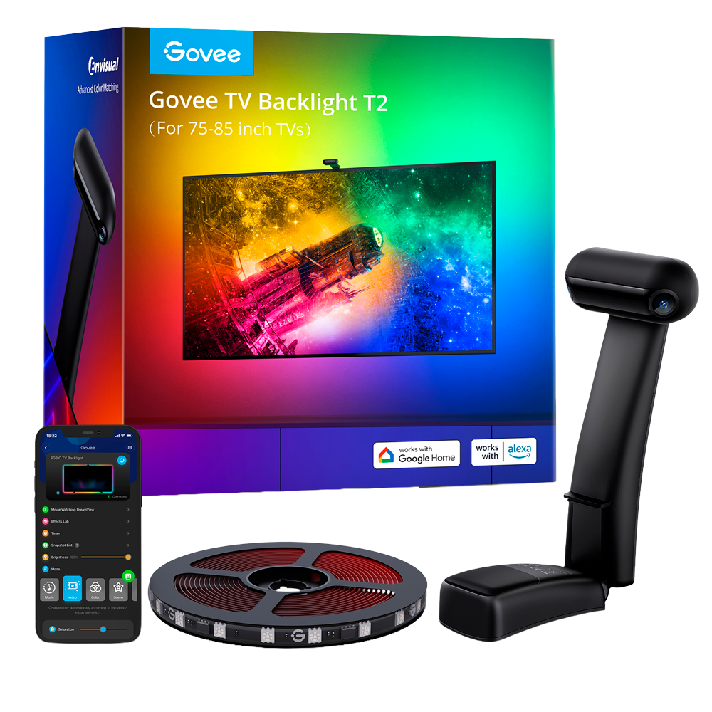 GOVEE GV-TV-H605C-T2-75 - Retroiluminación de TV T2 – Doble Cámara - Wi-Fi 2.4 GHz + Bluetooth - Color RGBIC segmentado / Envisual - 60 LEDs/m - App Govee / Alexa / Google Home - Para interior / Pantallas de 75" - 85" - imagen 1