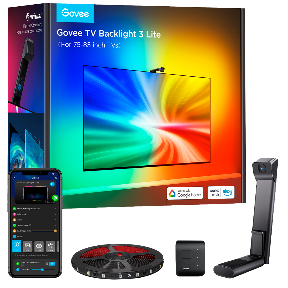 GOVEE GV-TV-H6099-3L-75 - Retroiluminación de TV 3 Lite - Wi-Fi 2.4 GHz + Bluetooth / Matter - Color segmentado + Blanco - 612 lúmenes / 30LEDs/m - Matter / Homekit / Alexa / Google Home - Para interior / Pantallas de 75" - 85" - imagen 1
