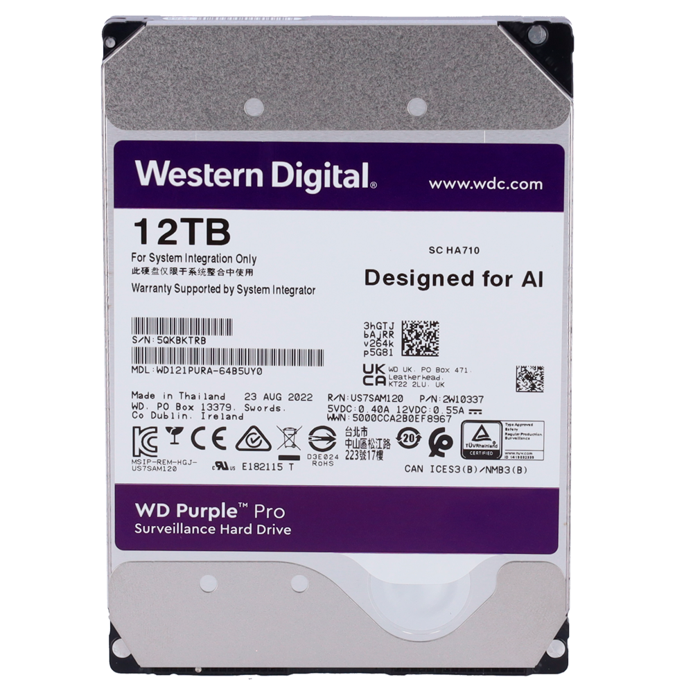 WESTERN DIGITAL HD12TB - Disco duro Western Digital PRO - Capacidad 12 TB - Interfaz SATA hasta 272 MB/s - Modelo WD122PURP - Diseñado para soluciones DeepLearning - Soporta hasta 32 transmisiones de IA