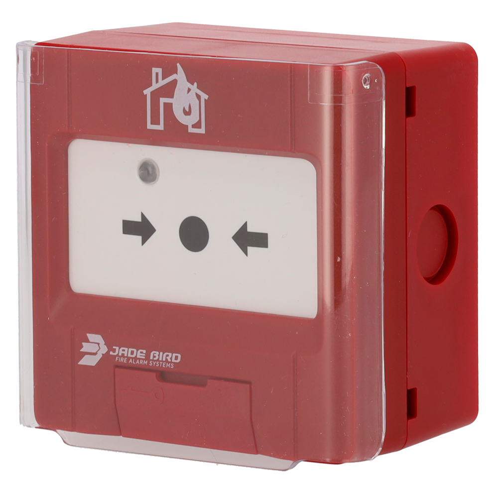 JADE BIRD JBE-2100C - Pulsador analógico Jade Bird - Rearmable, tapa de protección incluída - Indicador luminoso y visual de activación - Contacto seco auxiliar - Certificado EN 54-11 - imagen 1