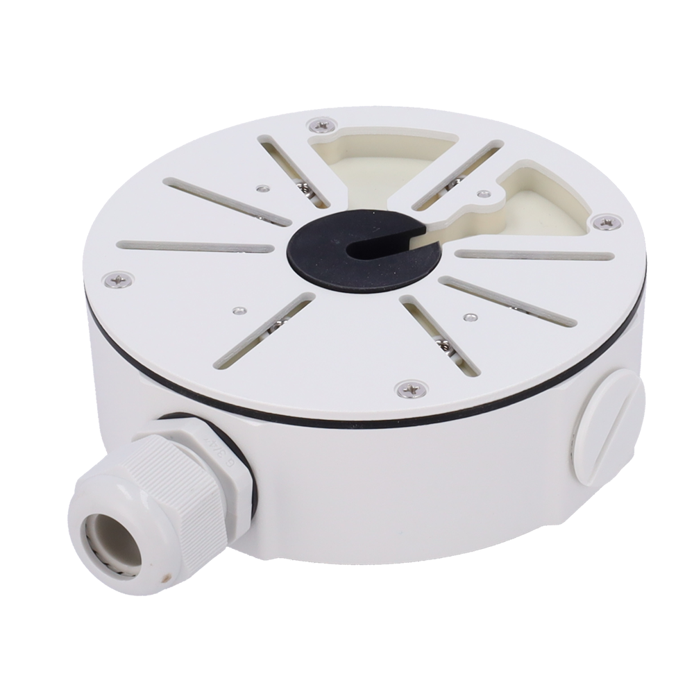 MARCA BLANCA JBOX-116-WHITE - Caja de conexiones - Para cámaras Bullet, Domo y Turret - Para cámaras con la salida de cable descentrada - Instalación en techo o pared - Incluye prensacable - Color blanco | 140 Ø × 45.5 (Fo) mm - imagen 1