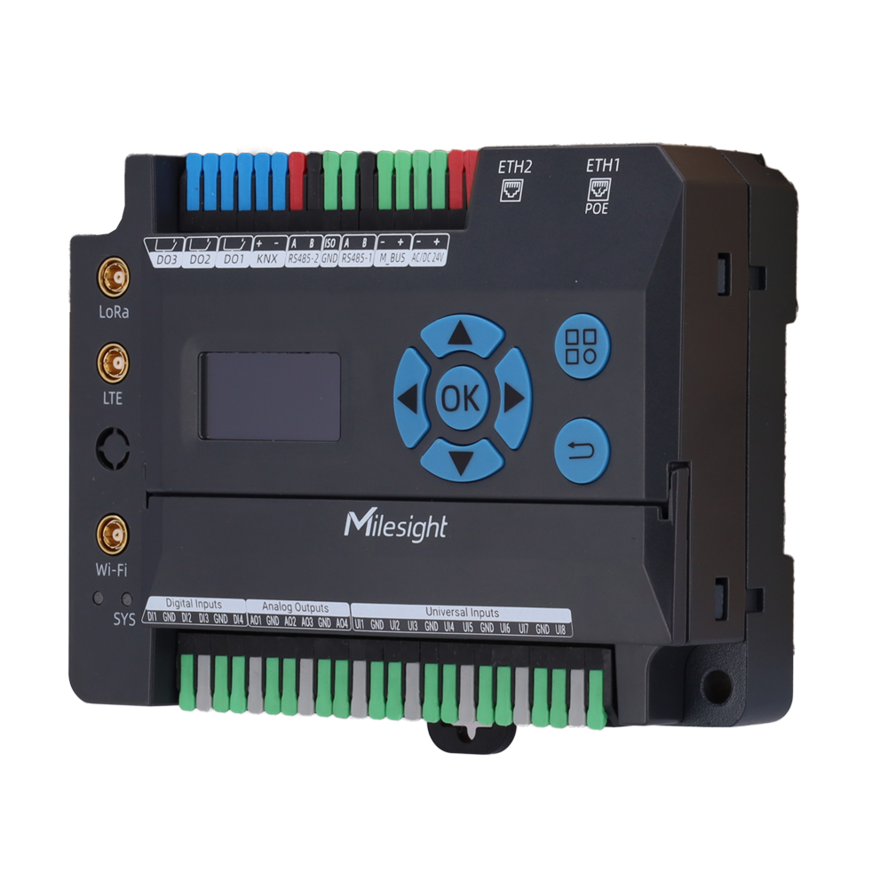 MILESIGHT MS-EG71-L08GL-868M - 8 entradas universales + 4 DI + 3 relés + 4 salidas analógicas - LoRaWAN 8 canales 27 dBm + 4G CAT1 + Wi-Fi + 2×GbE - RS485 Modbus/BACnet + KNX/TP1 + M-BUS nativos - Node-RED, Docker y Python SDK para automatización local - imagen 1