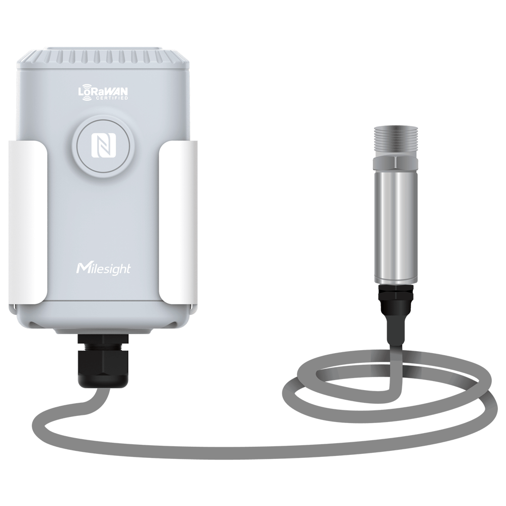 MILESIGHT MS-EM500-PP-868M - Medición de presión manométrica de 0 a 16 bares (1600 kPa) - Precisión ±0,5% FS, resolución 0,01 bar, sobrecarga 150% - Batería de litio 19.000 mAh con hasta 10 años de autonomía - Transceptor IP67 + sensor IP65 con 1,5 m de c