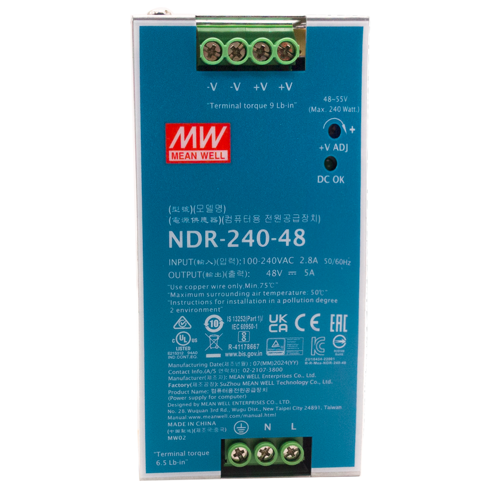 HIKVISION NDR-240-48 - Fuente de alimentación industrial de Hikvision - Potencia máxima de salida eficiente de 240W - Suministro continuo regulado de 48V / 5A - Entrada flexible universal AC/DC de amplio rango - Formato optimizado para carril DIN industri