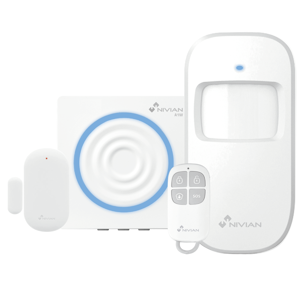 NIVIAN SMART NVS-ALARM1-W - Kit de alarma Nivian Smart - Central/Sirena + PIR + Magnético + Mando - Central con comunicación WiFi - Detectores vía radio 433 MHz - Hasta 60 dispositivos inalámbricos - Compatible TUYA Smart / Google / Alexa - imagen 1