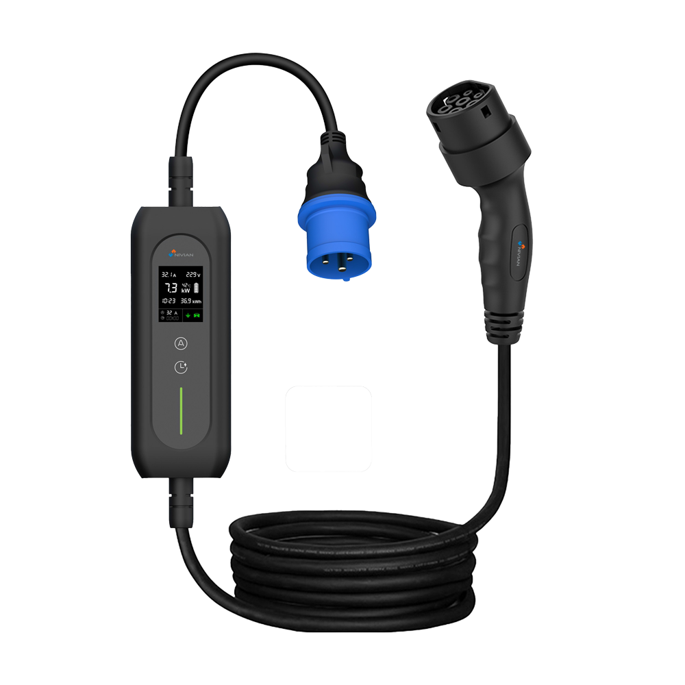 NIVIAN NVS-EVCHARGER-7KW-PORTABLE-7500 - Cargador portable para vehículos eléctricos - Potencia 7,4kW / 32A / Monofásica - Conector tipo 2 - Protección IP54 - Monitorización con Tuya Smart - Cable 5m incluido - imagen 1