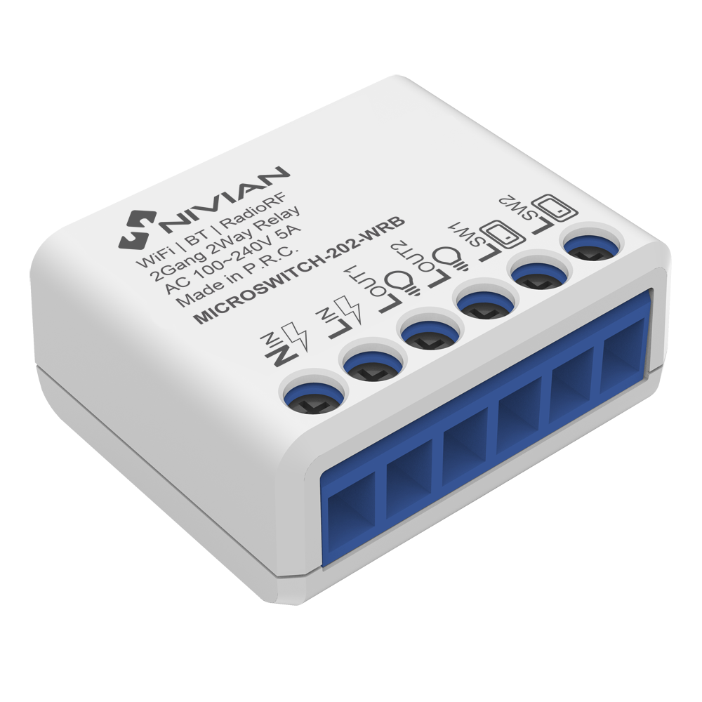 NIVIAN SMART NVS-MICROSWITCH-202-WRB - Relé inteligente de 2 Lineas - WiFi 2.4 GHz IEEE802.11 b/g/n - Carga máxima 16A (por cada linea) - Protección contra sobretensiones - Compatible con TUYA Smart - Compatible con Alexa y Asistente de Google