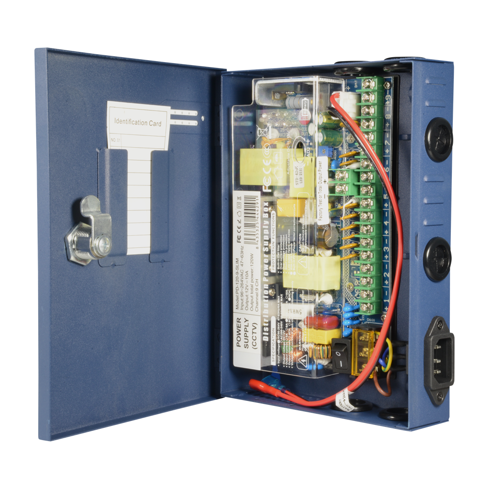 MARCA BLANCA PD-120-9-SLIM - Caja de distribución de alimentación Slim - 1 entrada AC 220 V 5OHz - 9 salidas por par de cobre - Protección por fusible rearmable - Voltaje de salida 12 V / 120 W - Carcasa metálica - imagen 1