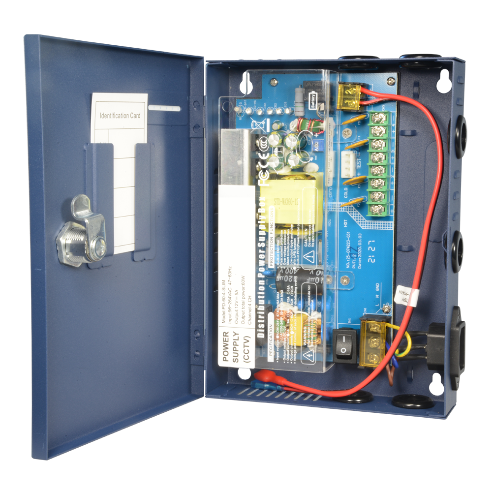 MARCA BLANCA PD-60-4-SLIM - Caja de distribución de alimentación Slim - 1 entrada AC 220 V 5OHz - 4 salidas por par de cobre - Protección por fusible rearmable - Voltaje de salida 12 V / 60 W - Carcasa metálica - imagen 1