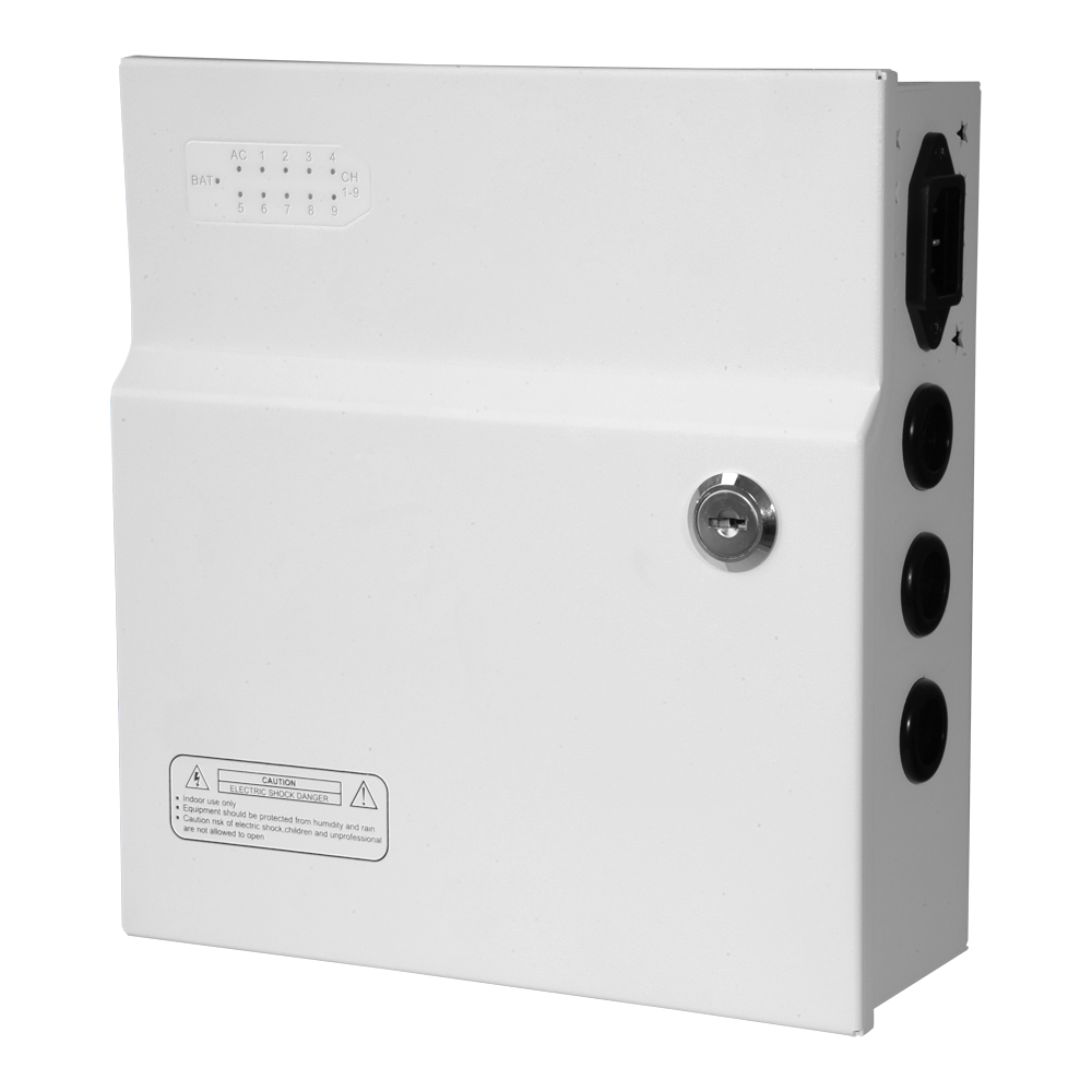 MARCA BLANCA PD120W-9-12V-UPS - Caja de distribución de alimentación - 1 entrada AC 110 V ~ 220 V - 9 salidas por par de cobre - Protección por fusible PTC rearmable - Voltaje de salida 12 V / 120 W - Función UPS (SAI) - imagen 1