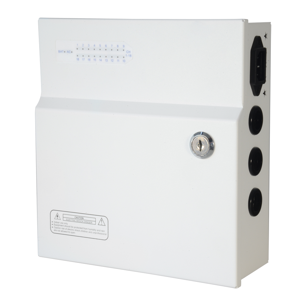 MARCA BLANCA PD250W-18-12V-UPS - Caja de distribución de alimentación - 1 entrada AC 110 V ~ 220 V - 18 salidas por par de cobre - Protección por fusible PTC rearmable - Voltaje de salida 12 V / 250 W - Función UPS (SAI) - imagen 1
