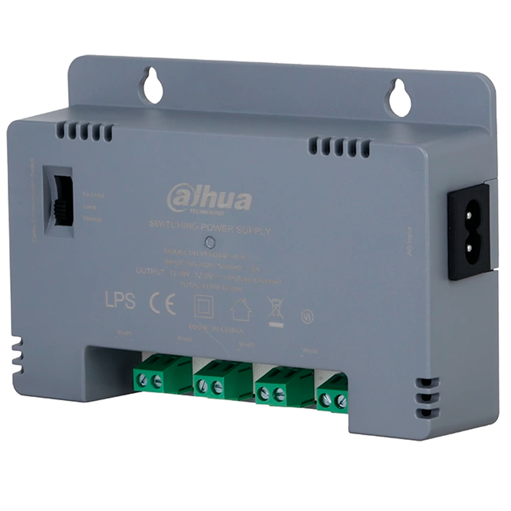 DAHUA PFM344D-4CH - Fuente de alimentación conmutada - Entrada AC 185-240V - 50/60Hz 1.5A - Potencia total 30W - 4 salidas - Voltaje de salida Ajustable a 3 niveles - Salida DC 12 V / 12 W - imagen 1