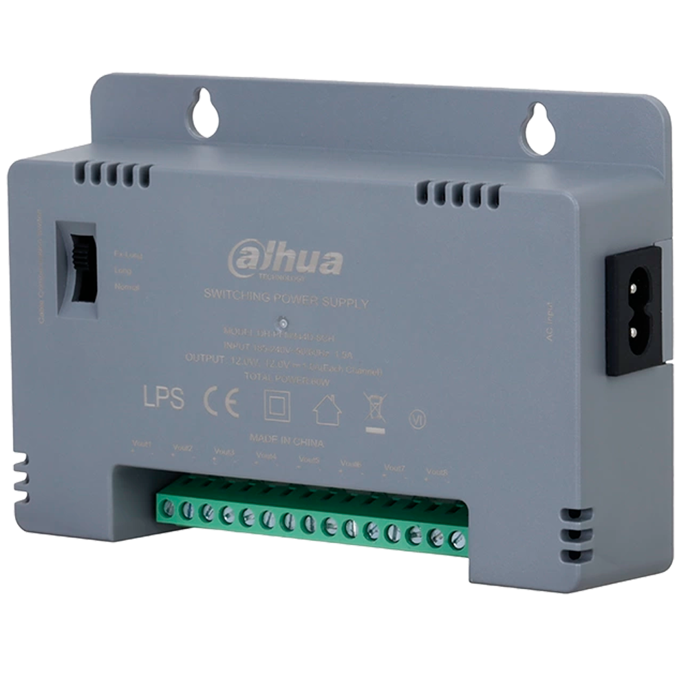 DAHUA PFM344D-8CH - Fuente de alimentación conmutada - Entrada AC 185-240V - 50/60Hz 1.5A - Potencia total 60W - 8 salidas - Voltaje de salida Ajustable a 3 niveles - Salida DC 12 V / 12 W - imagen 1