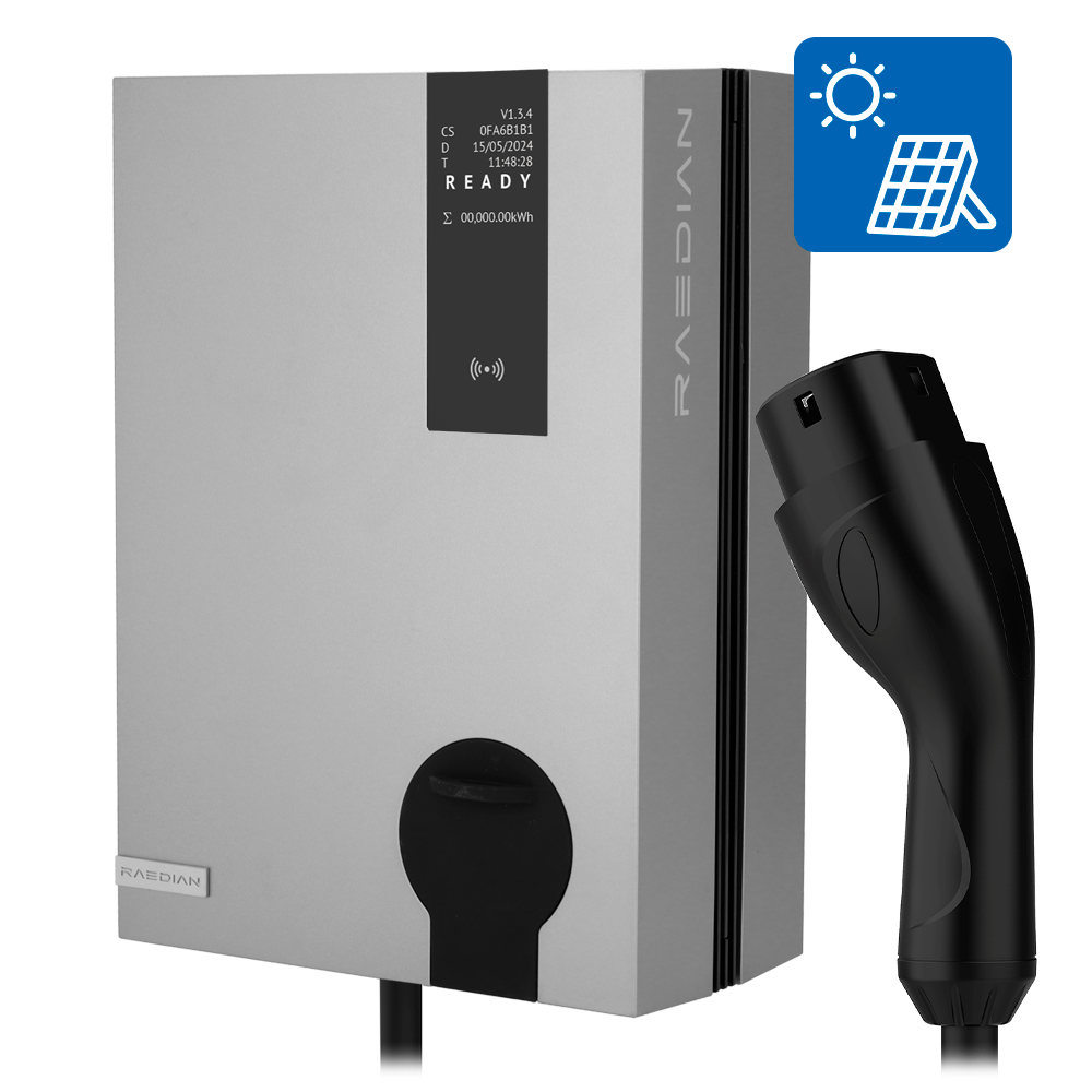 RAEDIAN RD-B-NEO-22-C75-SILVER - Cargador para vehículos eléctricos RAEDIAN - Potencia 22kW / 32A / Trifásica - Conector tipo 2 - Protección IP55, IK10 - Monitorización desde la app - Cable de 7.5m | Kit solar incorporado - imagen 1