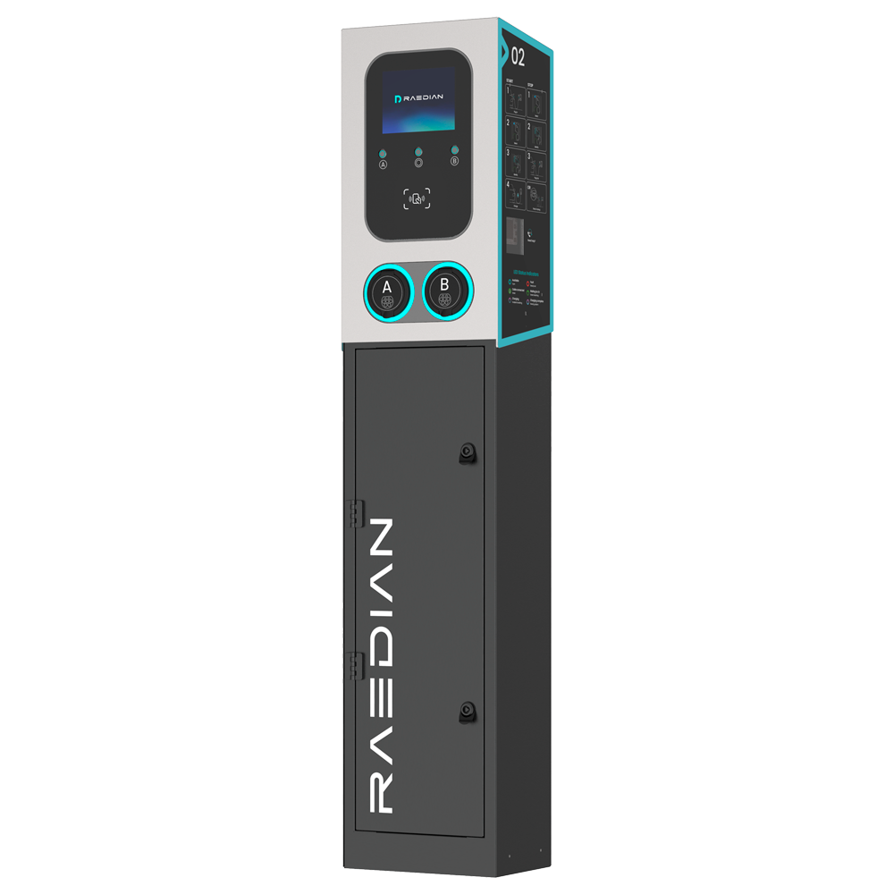 RAEDIAN RD-GEMINI-22-M1-P0+RD-GEMINI-POLE - Cargador doble toma con pedestal incluido - Potencia 2x22kW / 32A / Trifásica - Conector tipo 2 - Pedestal con protecciones incorporadas - Comunicación 4G, LAN, WiFi, BLE - Medidor MID | Lector RFID - imagen 1