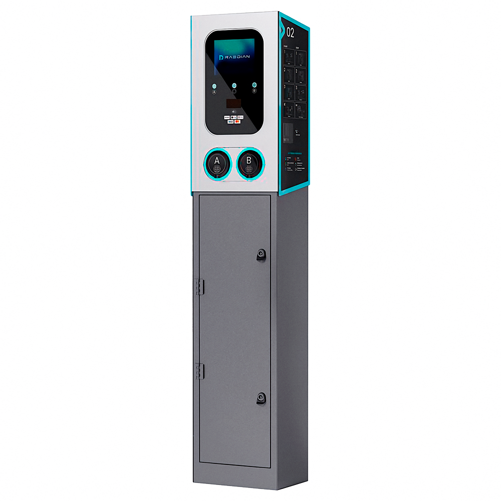 RAEDIAN RD-GEMINI-22-M1-P2+RD-GEMINI-POLE - Cargador doble toma con pedestal incluido - Potencia 2x22kW / 32A / Trifásica - Conector tipo 2 - Pedestal con protecciones incorporadas - Comunicación 4G, LAN, WiFi, BLE - Medidor MID | Payter Nayax
