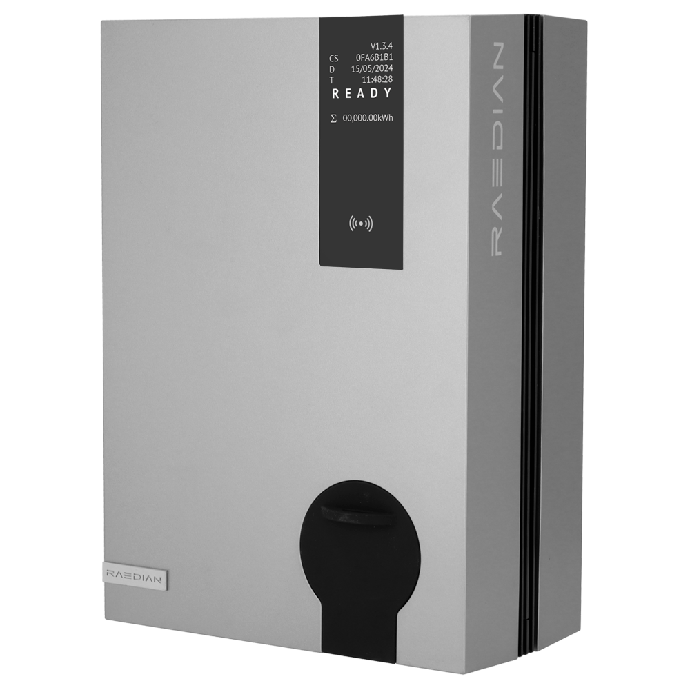 RAEDIAN RD-NEO-7-S-SILVER - Cargador para vehículos eléctricos - Potencia 7,4 kW / 32A / Monofásica - Conector tipo 2 - Protección IP55, IK10 - Monitorización desde la APP - Color plata metalizado - imagen 1