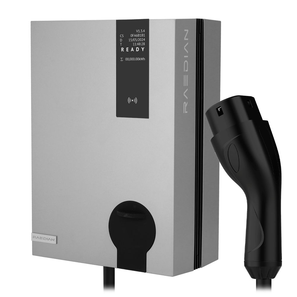 RAEDIAN RD-NEO-7-T75-SILVER - Cargador para vehículos eléctricos - Potencia 7,4 kW / 32A / Monofásica - Conector tipo 2 - Protección IP55, IK10 - Monitorización desde la APP - Color plata metalizado | Cable de 7.5m - imagen 1