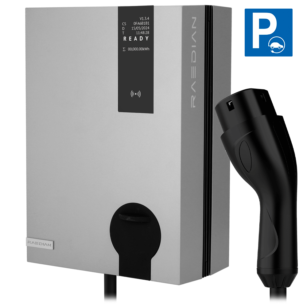 RAEDIAN RD-NEX-22-C5-SILVER - Cargador para vehículos eléctricos - Potencia 22kW / 32A / Trifásica - Conector tipo 2 | Cable 5m - Protección IP55 - Monitorización desde APP y portal - Escalable | Color plata - imagen 1