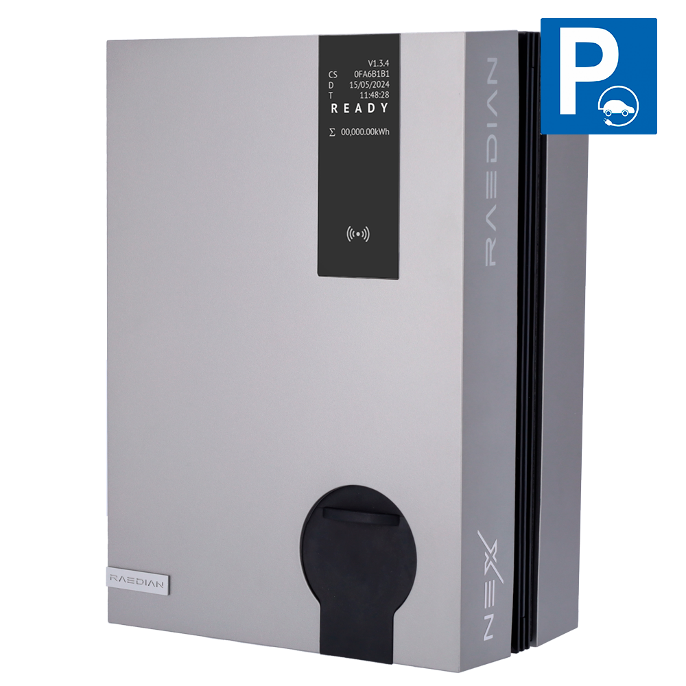 RAEDIAN RD-NEX-22-SS-SILVER - Cargador para vehículos eléctricos - Potencia 22kW / 32A / Trifásica - Conector tipo 2 | Socket Shutter - Protección IP55 - Monitorización desde APP y portal - Escalable | Color plata - imagen 1