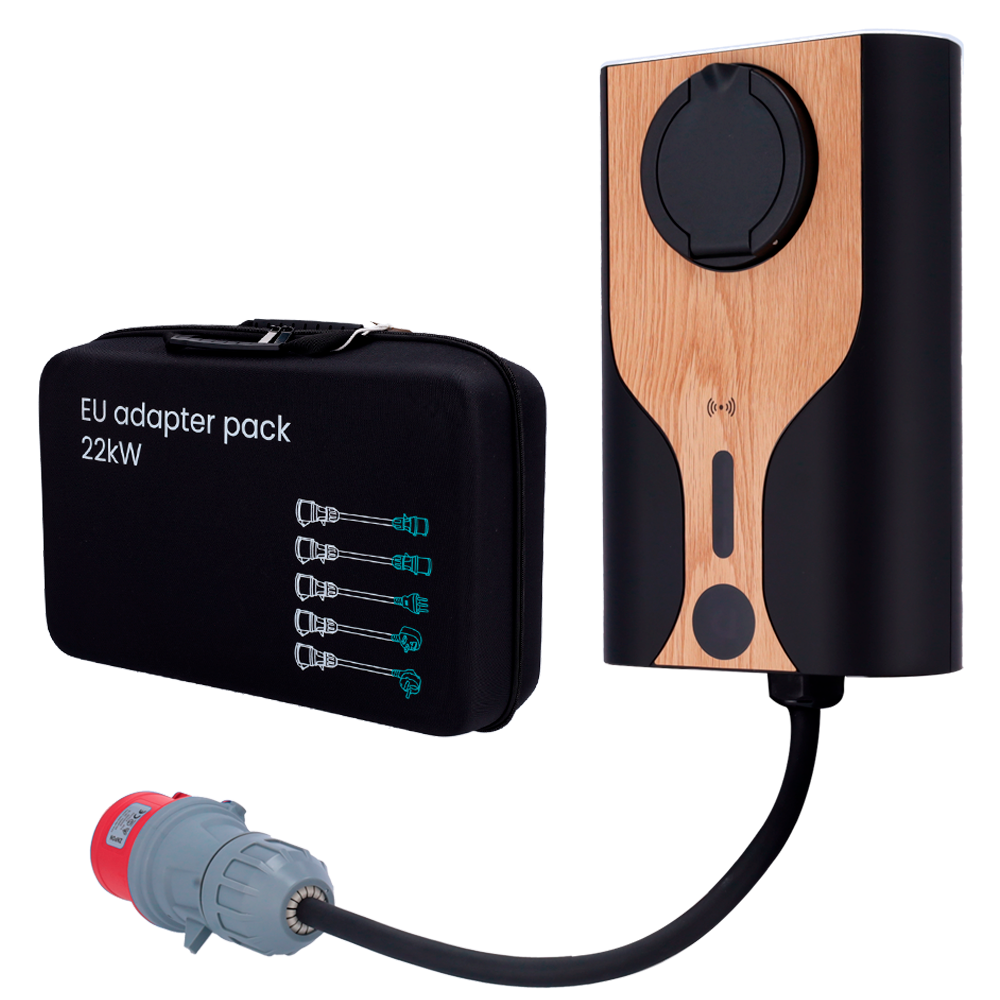 RAEDIAN RD-NORA-22-C3-NCB22-EU - Kit cargador portable + adaptadores enchufe - Potencia 22kW / 32A / Trifásica - Conector tipo 2 - Adaptadores para cables - Monitorización desde la APP - Color madera - imagen 1