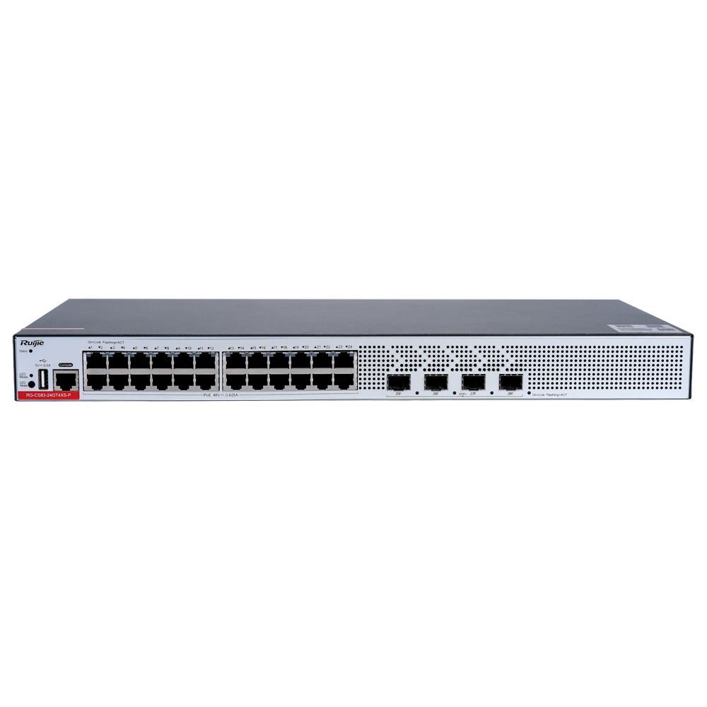 RUIJIE ENTERPRISE RG-CS83-24GT4XS-P - Ruijie Cloud Managed Layer 3 PoE+ Switch - 28 Puertos Totales (24 PoE+ / 4 Uplinks 10G SFP+) - Enlaces de fibra de 10 Gbps de ultra velocidad - Potencia PoE+ estable de 30W / Total 370W - Redundancia de arranque Dual - imagen 1