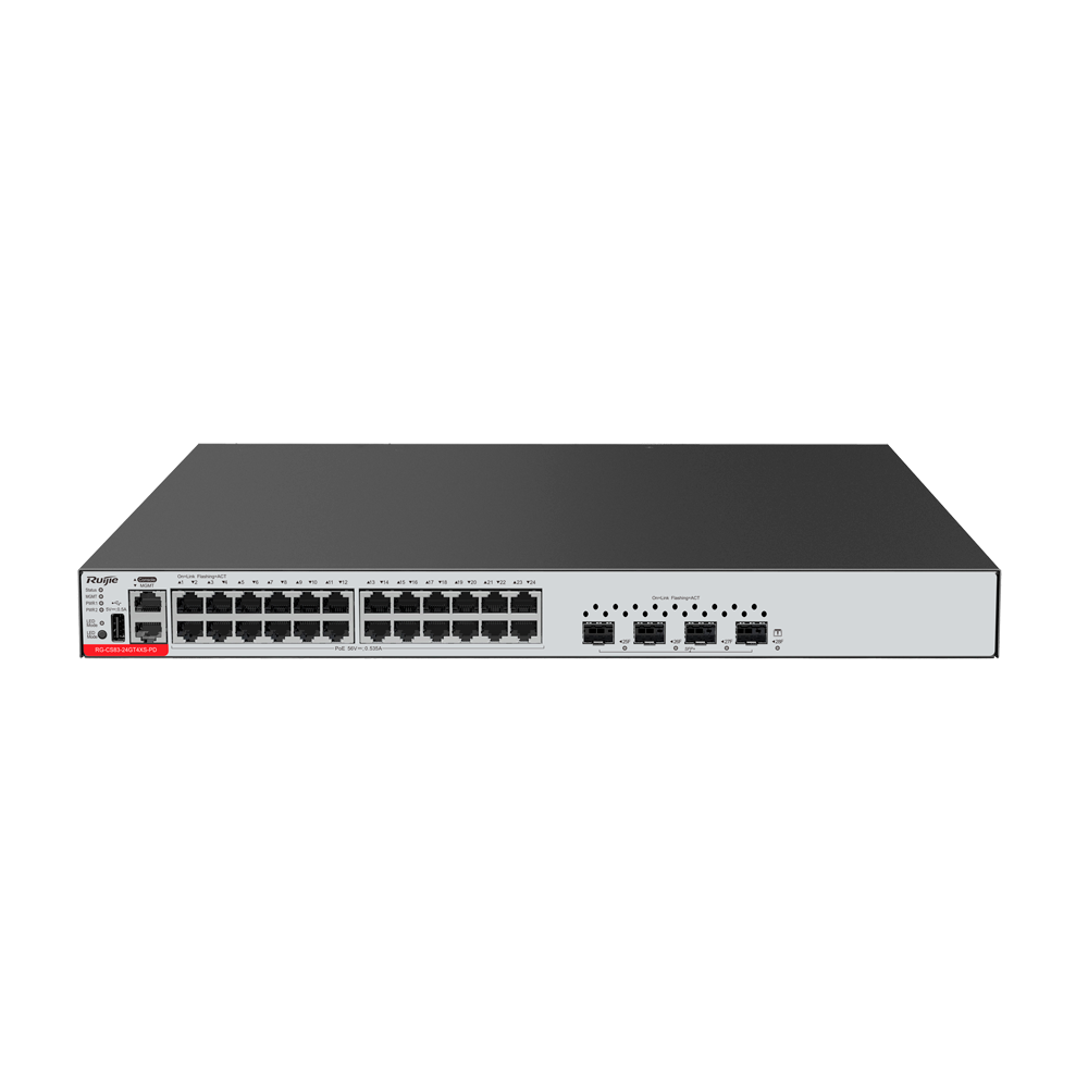RUIJIE ENTERPRISE RG-CS83-24GT4XS-PD - Ruijie Cloud Managed Layer 3 Switch - 28 Puertos Totales (24 PoE+ / 4 Uplinks 10G SFP+) - Enlaces de fibra de 10 Gbps de ultra velocidad - Doble slot para fuentes modulares Hot-Swap - Virtualización VSU y redundancia - imagen 1