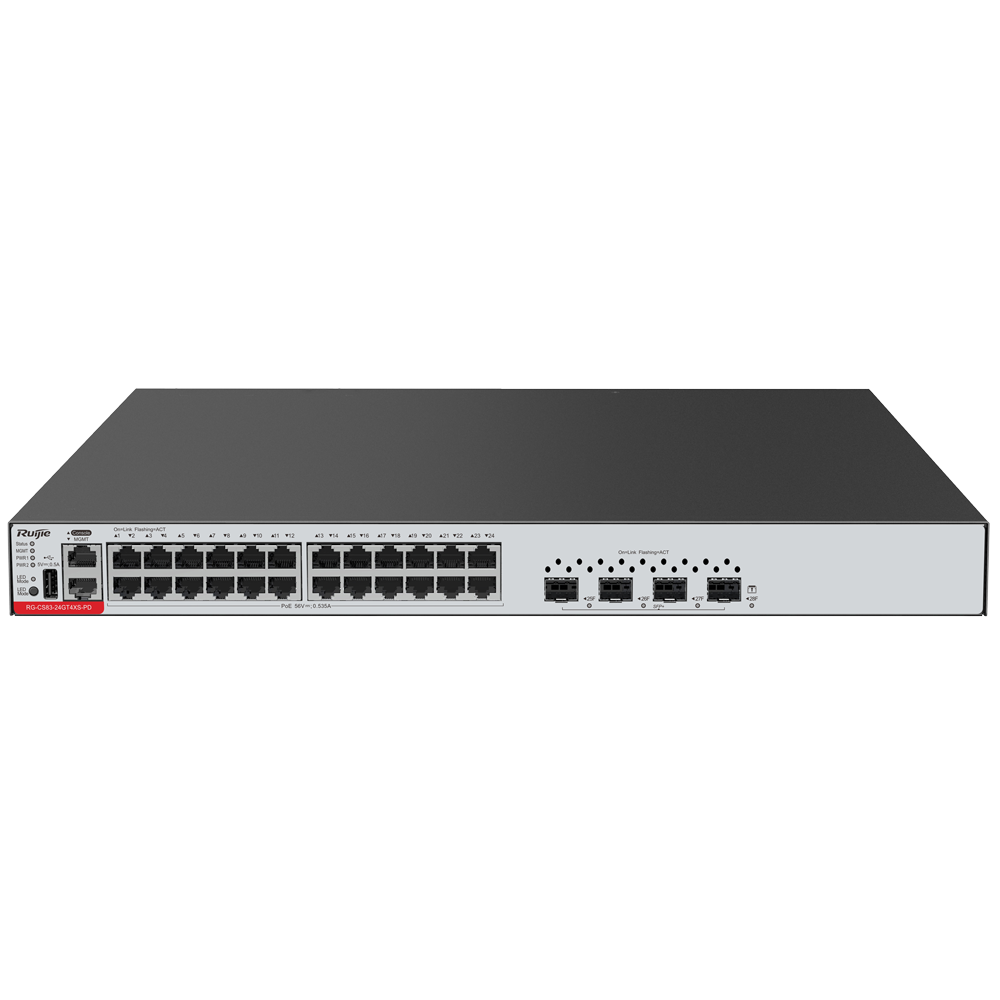 RUIJIE ENTERPRISE RG-CS83-24GT4XS - Ruijie Cloud Managed Layer 3 Access Switch - 28 Puertos Totales (24 GE / 4 Uplinks 10G SFP+) - Enlaces de fibra de 10 Gbps de ultra velocidad - Diseño fanless silencioso de disipación natural - Redundancia de arranque D - imagen 1
