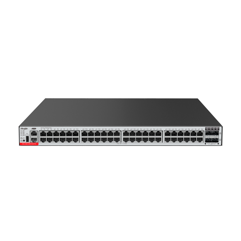 RUIJIE ENTERPRISE RG-CS83-48GT4XS-PD - Ruijie Cloud Managed Layer 3 Switch - 52 Puertos Totales (48 PoE+ / 4 Uplinks 10G SFP+) - Enlaces de fibra de 10 Gbps de ultra velocidad - Doble slot para fuentes modulares Hot-Swap - Virtualización VSU y redundancia - imagen 1