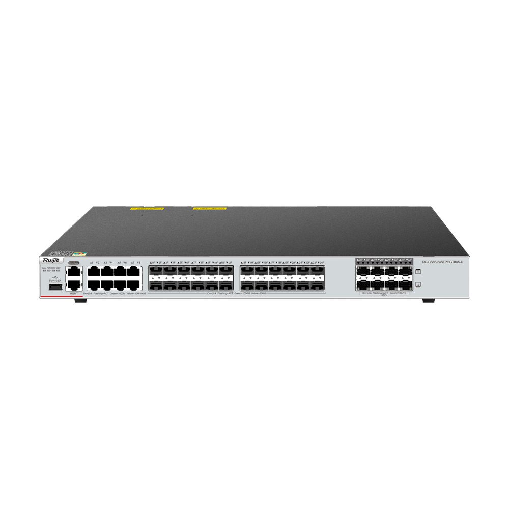 RUIJIE ENTERPRISE RG-CS85-24SFP/8GT8XS-D - Ruijie Cloud Managed Layer 3 Switch - 32 Puertos Totales (24 SFP / 8 Combo / 8 SFP+ 10G) - Puertos Combo híbridos (Cobre RJ45 o Fibra SFP) - Ranura de expansión para tarjeta de línea core - Virtualización VSU y r