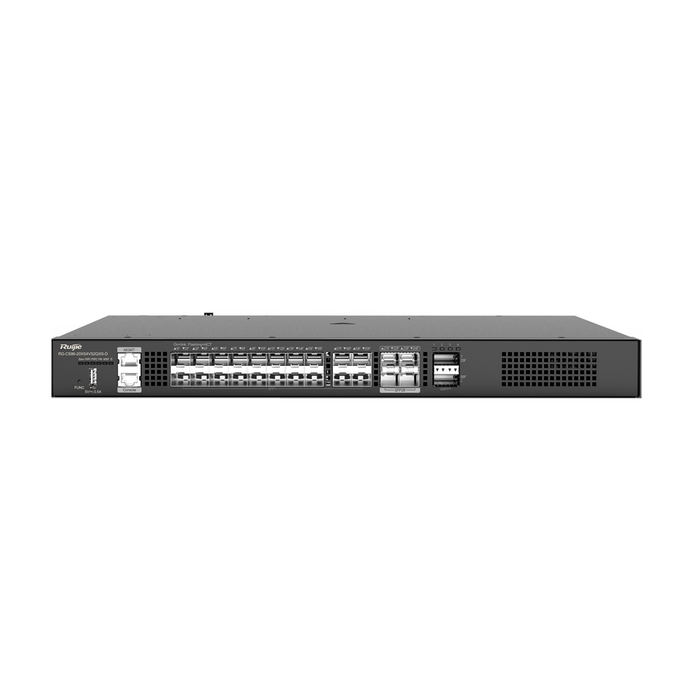 RUIJIE ENTERPRISE RG-CS86-20XS4VS2QXS-D - Ruijie Cloud Managed Full 10GE Core Switch - 26 Puertos Totales (20 SFP+ / 4 SFP28 / 2 QSFP+) - Ranuras ópticas SFP+ Multi-G de hasta 10 Gbps - Doble slot para fuentes modulares Hot-Swap - Alta disponibilidad con