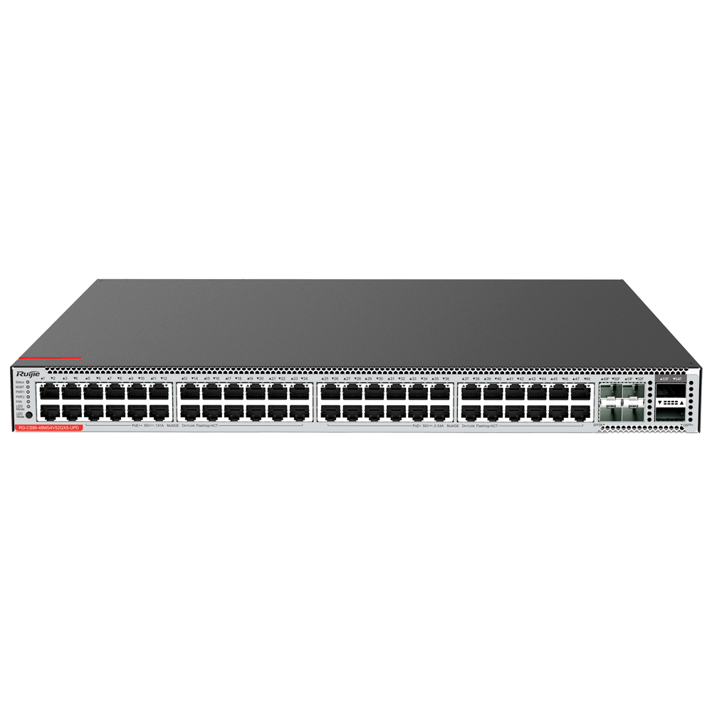 RUIJIE ENTERPRISE RG-CS86-48MG4VS2QXS-UPD - Ruijie Cloud Managed Multi-GE L3 Switch - 54 Puertos Totales (48 Multi-GE / 4 SFP28 / 2 QSFP+) - Puertos Multi-GE de cobre nativos de 2.5G y 5G - Doble ranura para fuentes modulares Hot-Swap - Inyección Ultra Po