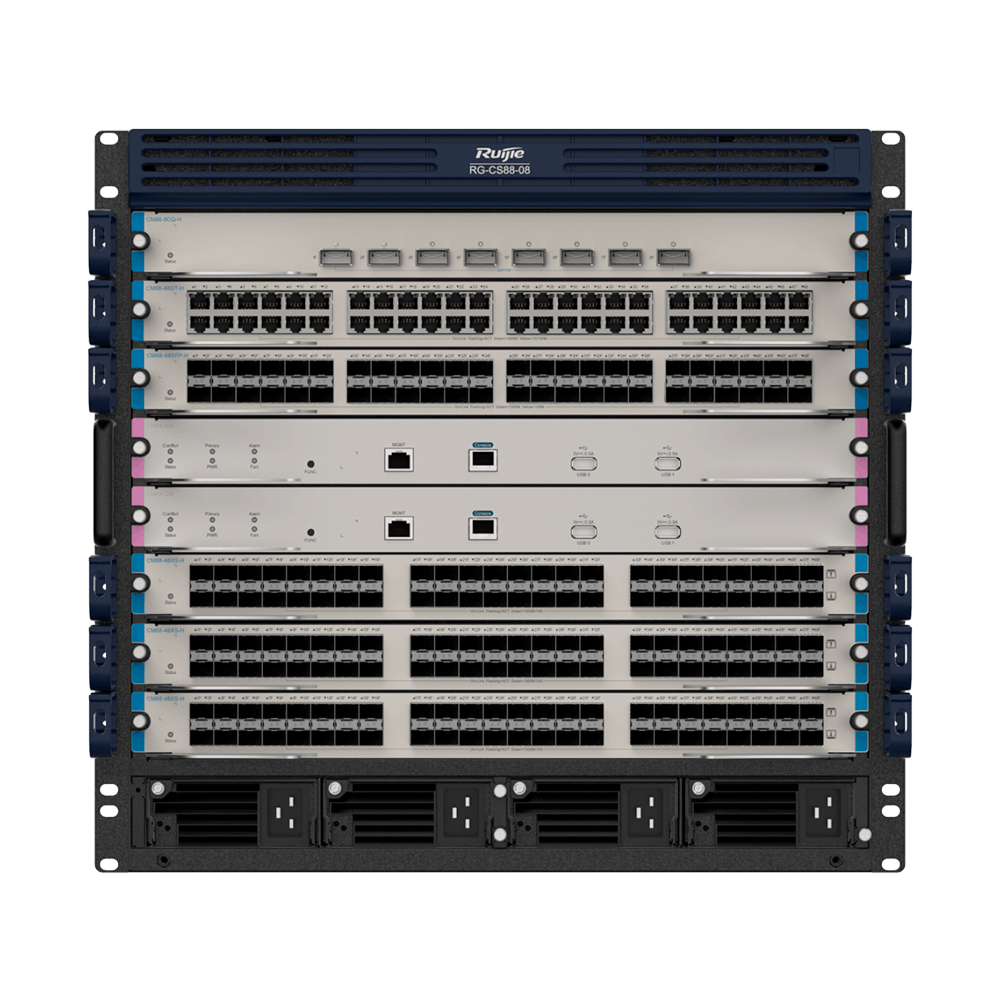 RUIJIE ENTERPRISE RG-CS88-08 - Ruijie Cloud-managed Core Chassis Switch - Chasis modular para 6 tarjetas y 2 supervisores - Alta disponibilidad: VRRP, BFD y virtualización VSU - Ecosistema avanzado de seguridad: CPP, NFPP y ACLs - Fuentes redundantes N+M - imagen 1