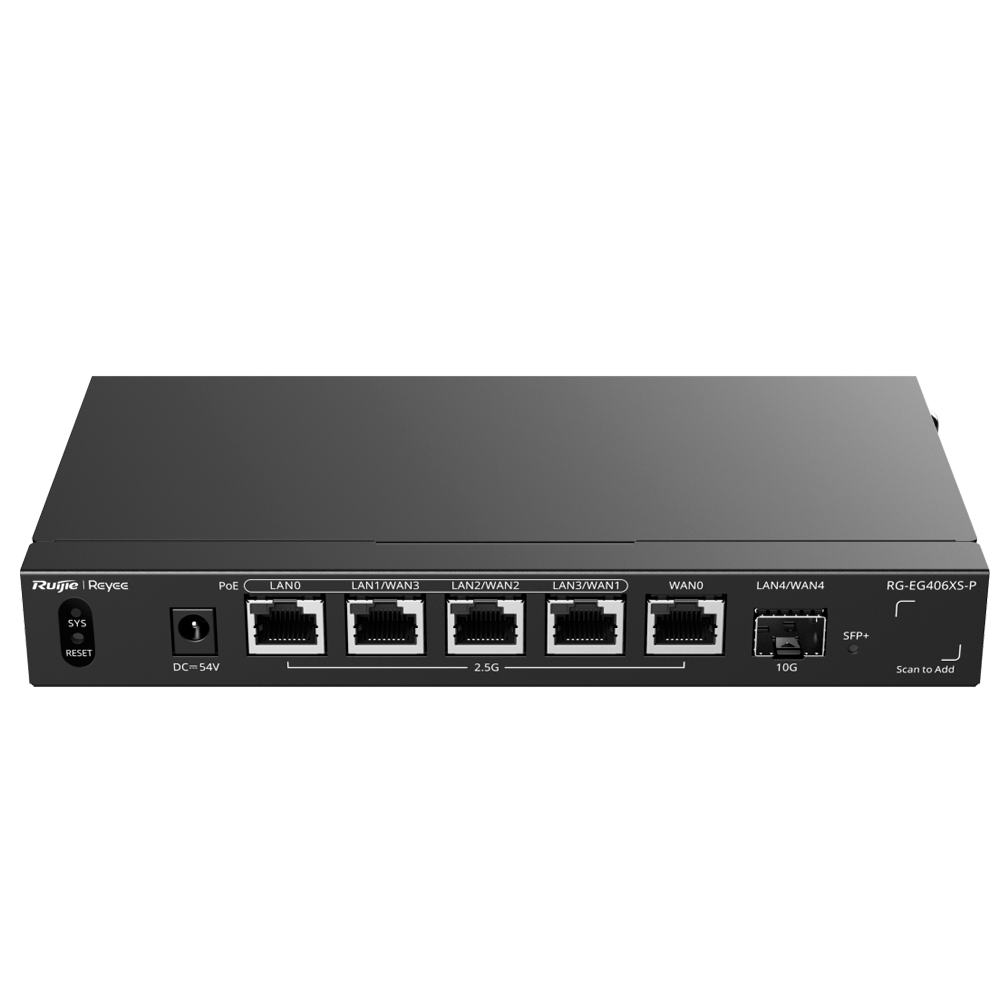 REYEE RG-EG406XS-P - Reyee Router Cloud - 5 Puertos RJ45 2.5G (4 PoE+) + 1 SFP+ 10Gigabit - Funciones básicas de Firewall - Admite hasta 5 WAN para failover o balanceo - Hasta 2500 Mbps de ancho de banda - Hasta 400 usuarios recomendados - imagen 1