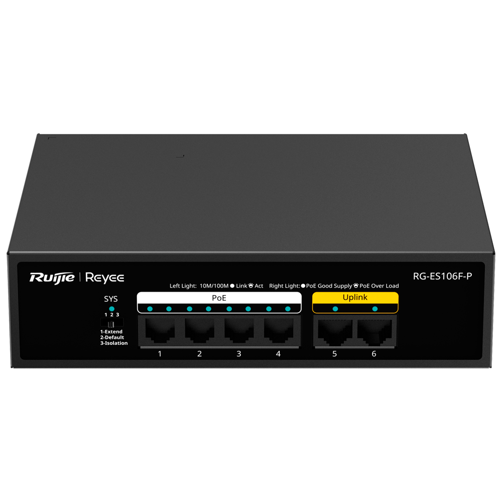 REYEE RG-ES106F-P - Reyee Switch PoE Sobremesa - Carcasa Metal - 6 puertos RJ45 10/100 Mbps - 4 Puertos PoE+ 802.3af/at + 2 Puertos Uplink - Plug and Play - Tecnología ahorro de energía - imagen 1