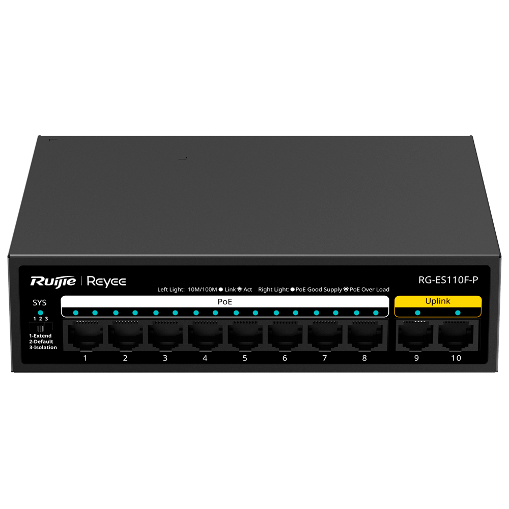 REYEE RG-ES110F-P - Reyee Switch PoE Sobremesa - Carcasa Metal - 8 puertos RJ45 10/100 Mbps PoE+ 802.3af/at - 2 Puertos Uplink RJ45 10/100 Mbps - Plug and Play - Tecnología de ahorro de energía - imagen 1