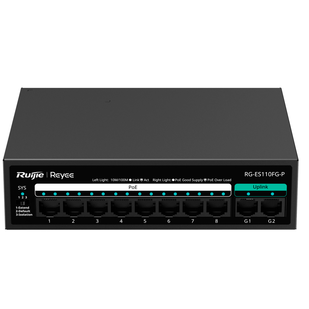 REYEE RG-ES110FG-P - Reyee Switch PoE Sobremesa - Carcasa Metal - 8 puertos RJ45 10/100 Mbps - 8 Puertos PoE+ 802.3af/at + 2 Uplink 1G - Plug and Play - Tecnología de ahorro de energía - imagen 1