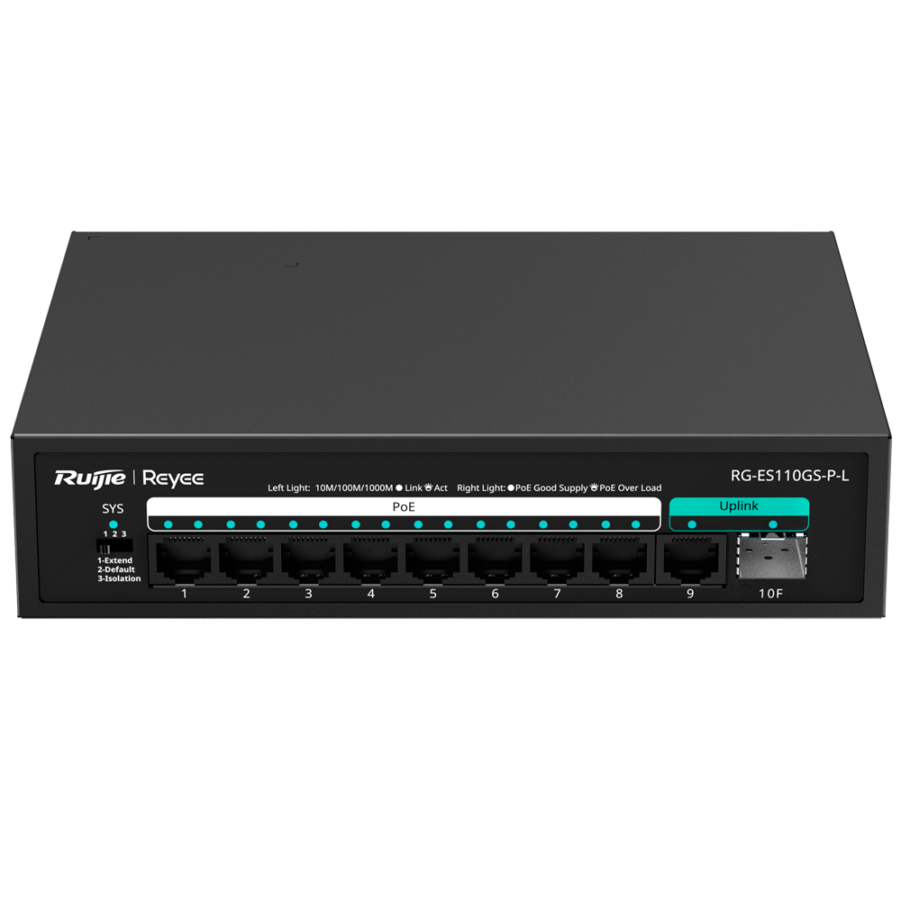 REYEE RG-ES110GS-P-L - Reyee Switch PoE Sobremesa - 8 Puertos RJ45 + 1 Uplink RJ45 + 1 Uplink SFP - 8 Puertos Gigabit + 2 Puertos Gigabit - 8 Puertos PoE+ 802.3af/at | Potencia total 120W - Aislado de Puertos / Flow Control / PoE Watchdog - Plug and Play - imagen 1
