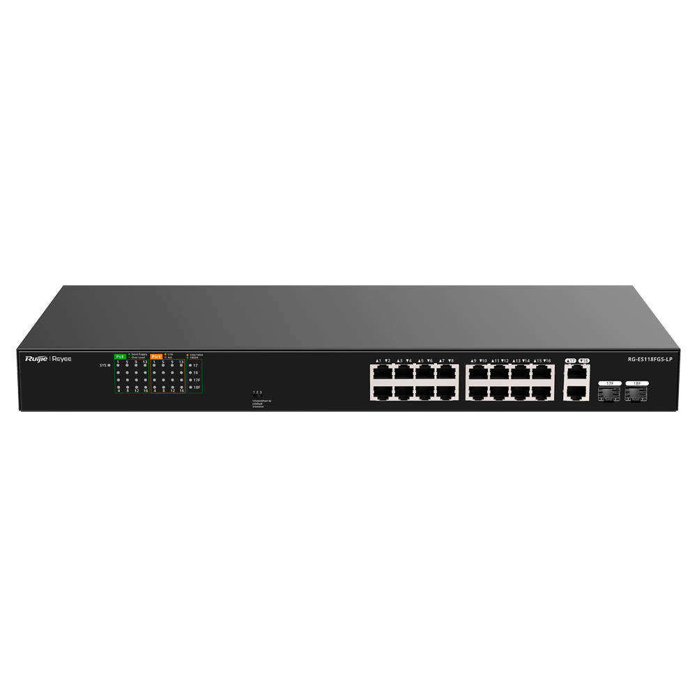 REYEE RG-ES118FGS-LP - Reyee Switch PoE Sobremesa - Carcasa Metal - Enracable - 16 Puertos RJ45 10/100 Mbps + 2 Uplink Gigabit - 16 Puertos PoE+ 802.3af/at | Potencia total 120W - Plug and Play - Tecnología ahorro de energía - imagen 1