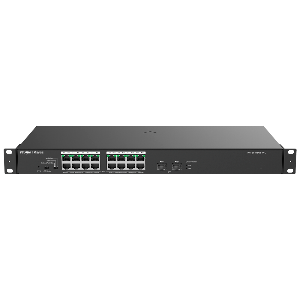 REYEE RG-ES118GS-P-L - Reyee Switch PoE Sobremesa - 16 Puertos RJ45 + 2 Uplink SFP - 16 Puertos Gigabit + 2 Puertos Gigabit - 16 Puertos PoE+ 802.3af/at | Potencia total 247W - Aislado de Puertos / Flow Control - Plug and Play - imagen 1